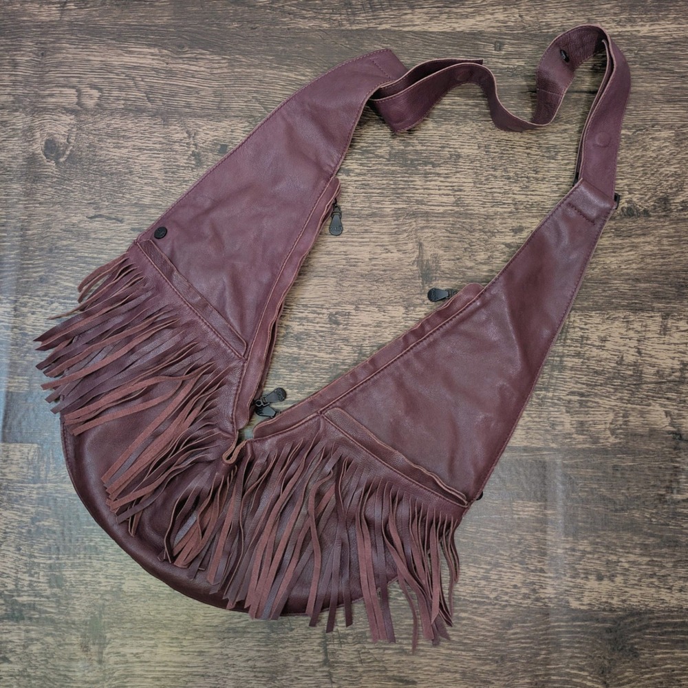 Sash Leather Fringe Crossbody Bag Plum Purple Boho Western Hobo Utility Travel